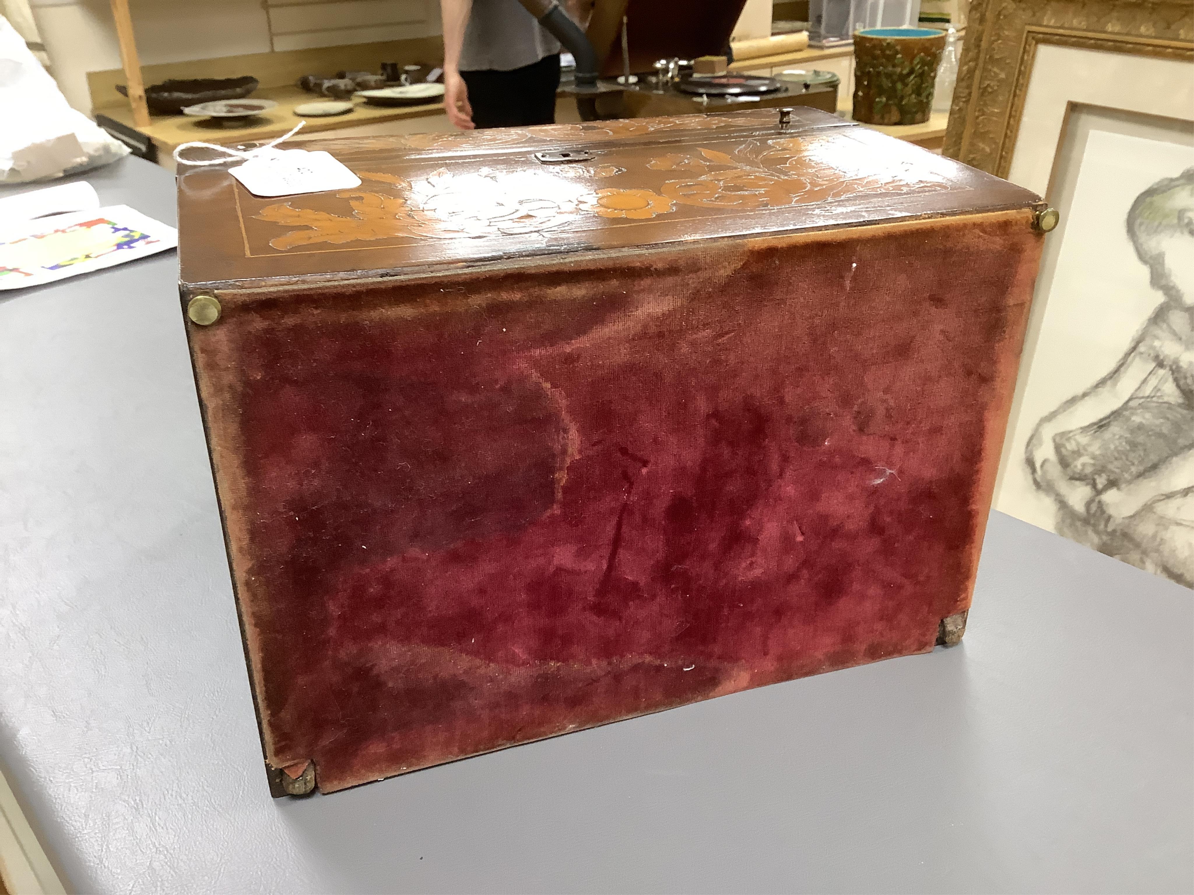 A 19th century Dutch, dome fronted, marquetry mahogany decanter box, velvet lined, 28cm wide